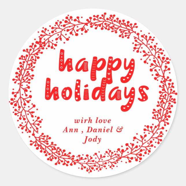 Personalized Happy Holidays Wreath Red and White Classic Round Sticker (Front)