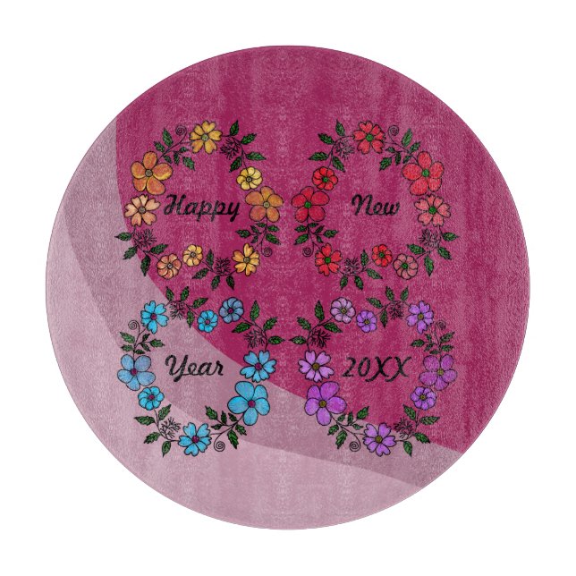 PERSONALIZED HAPPY NEW YEAR 20XX & FLOWERS WREATHS CUTTING BOARD (Front)