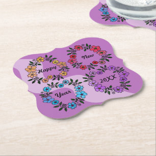 PERSONALIZED HAPPY NEW YEAR 20XX & FLOWERS WREATHS PAPER COASTER