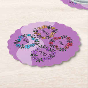 PERSONALIZED HAPPY NEW YEAR 20XX & FLOWERS WREATHS PAPER COASTER