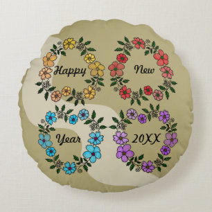 PERSONALIZED HAPPY NEW YEAR 20XX & FLOWERS WREATHS ROUND CUSHION