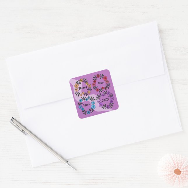 PERSONALIZED HAPPY NEW YEAR 20XX & FLOWERS WREATHS SQUARE STICKER (Envelope)