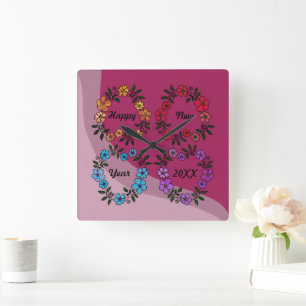 PERSONALIZED HAPPY NEW YEAR 20XX & FLOWERS WREATHS SQUARE WALL CLOCK