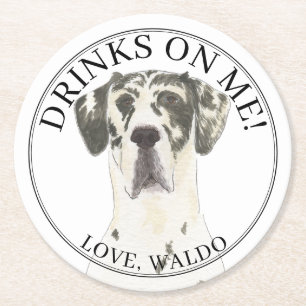 Personalized Harlequin Great Dane Wedding  Round Paper Coaster