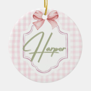Personalized Harper Baby Girl Nursery Bow&Gingham Ceramic Tree Decoration