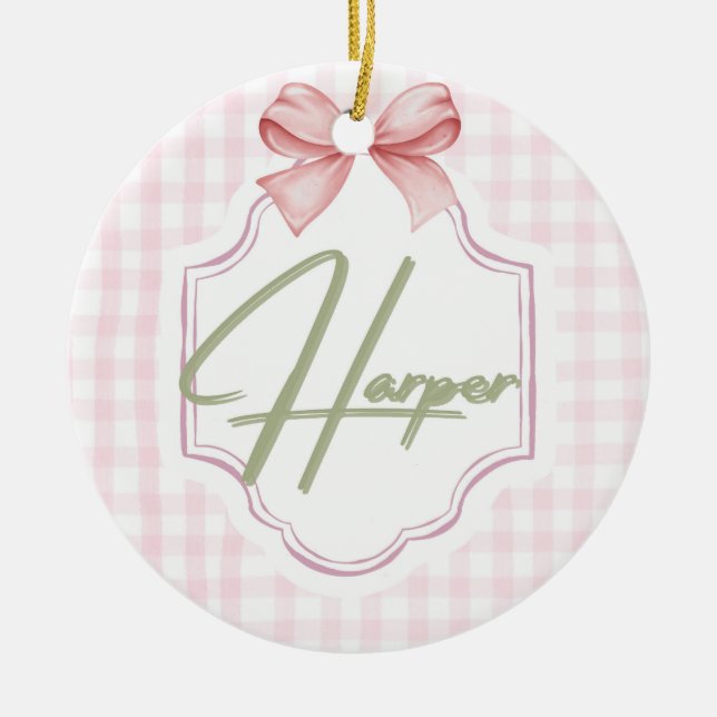 Personalized Harper Baby Girl Nursery Bow&Gingham  Ceramic Tree Decoration (Front)