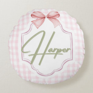 Personalized Harper Baby Girl Nursery Bow&Gingham Round Cushion