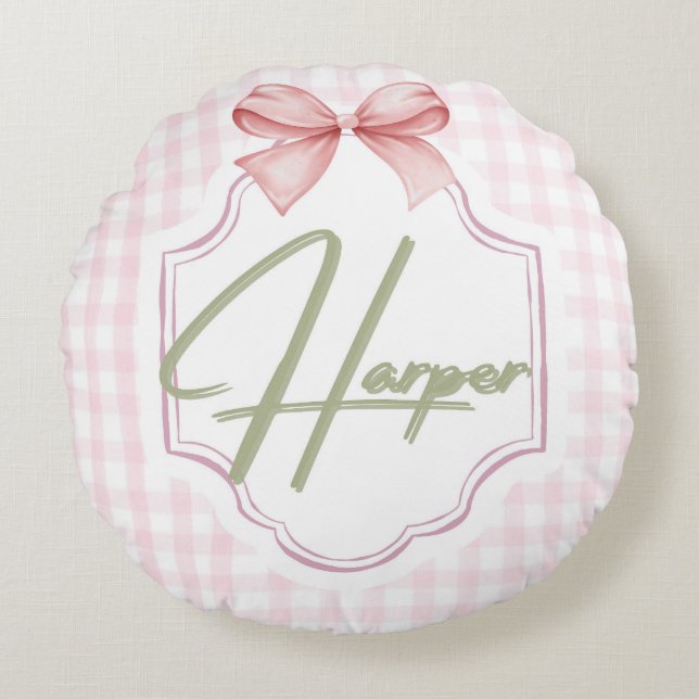 Personalized Harper Baby Girl Nursery Bow&Gingham  Round Cushion (Front)