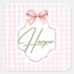Personalized Harper Baby Girl Nursery Bow&Gingham  Square Sticker