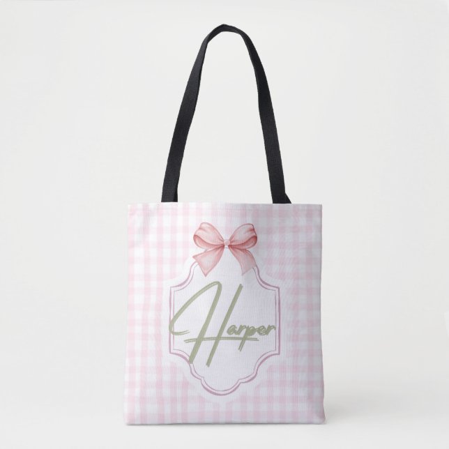 Personalized Harper Baby Girl Nursery Bow&Gingham  Tote Bag (Front)