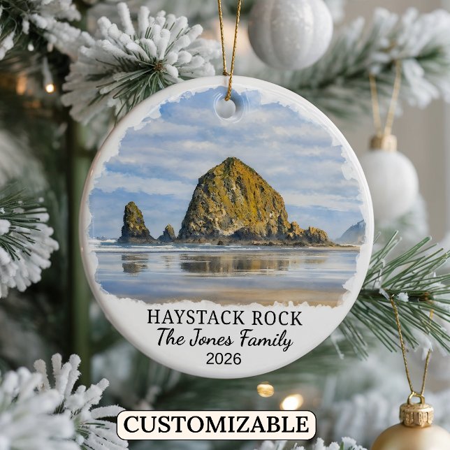 Personalized Haystack Rock Ornament, Custom Oregon Ceramic Tree Decoration (Creator Uploaded)