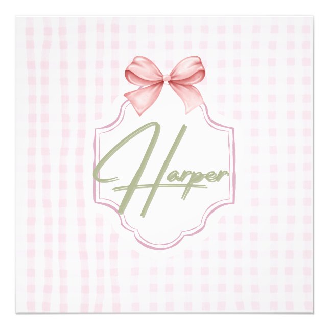 Personalized Hazel Baby Girl Nursery Bow&Gingham  Photo Print (Front)