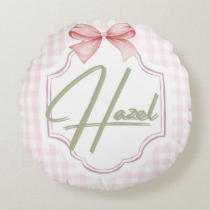 Personalized Hazel Baby Girl Nursery Bow&Gingham Round Cushion