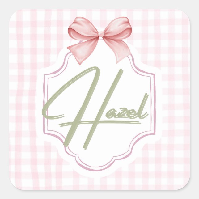 Personalized Hazel Baby Girl Nursery Bow&Gingham  Square Sticker (Front)