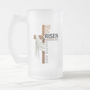 Personalized He Is Risen Vintage Easter Cross Frosted Glass Beer Mug