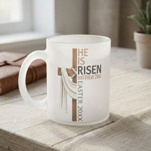 Personalized He Is Risen Vintage Easter Cross Frosted Glass Coffee Mug