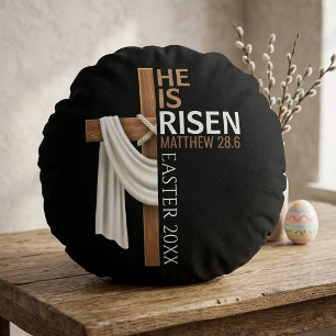 Personalized He Is Risen Vintage Easter Cross Round Cushion