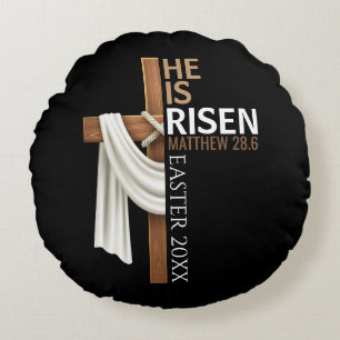Personalized He Is Risen Vintage Easter Cross Round Cushion