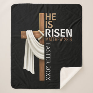 Personalized He Is Risen Vintage Easter Cross Sherpa Blanket