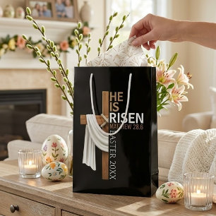 Personalized He Is Risen Vintage Easter Cross Small Gift Bag