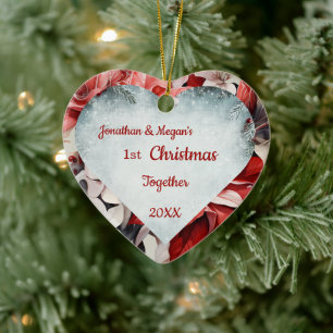 Personalized Heart Shaped Poinsettia Christmas Ceramic Tree Decoration