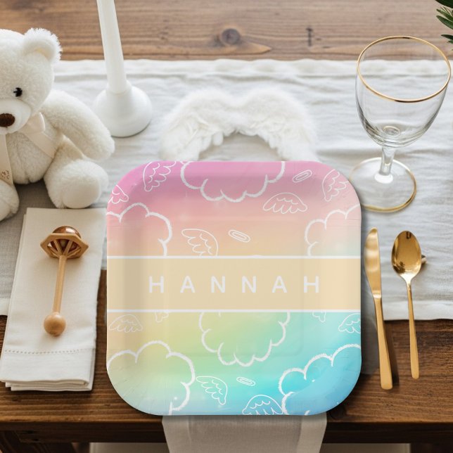 Personalized Heavenly Angel Halo Cloud  Rainbow  Paper Plate (Personalized Heavenly Angel Halo Cloud Rainbow Paper Plates)