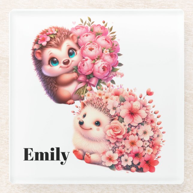 Personalized Hedgehog Coaster | Cute Floral Animal (Front)