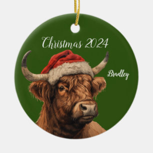 Personalized  Highland Cow with Santa Cap Ceramic Tree Decoration