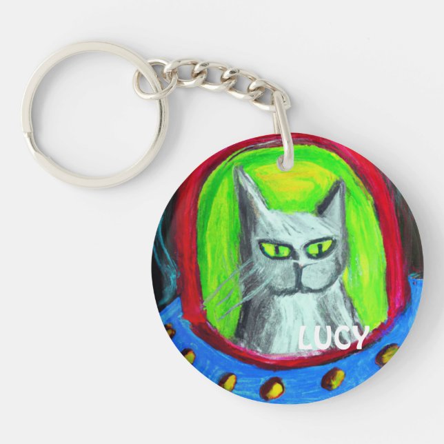 PERSONALIZED HILARIOUS CAT IN UFO CARTOON  KEY RING (Front)
