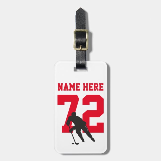 Personalized Hockey Player Name Number red Luggage Tag (Front Vertical)