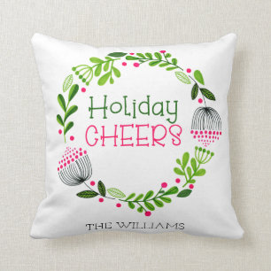Personalized Holiday Cheers Wreath Pink & Green Cushion