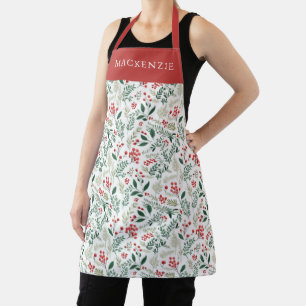 Personalized Holly Berries Greenery Pattern Apron