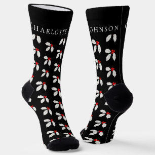 Personalized Holly Berry Black & White Christmas Socks