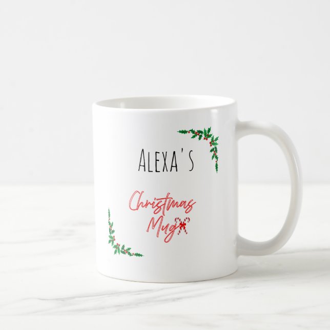 Personalized Holly Berry Candy Cane Name Christmas Coffee Mug (Right)