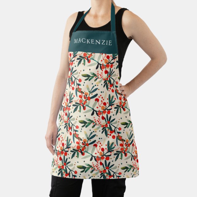 Personalized Holly Berry Pattern Apron (Insitu)