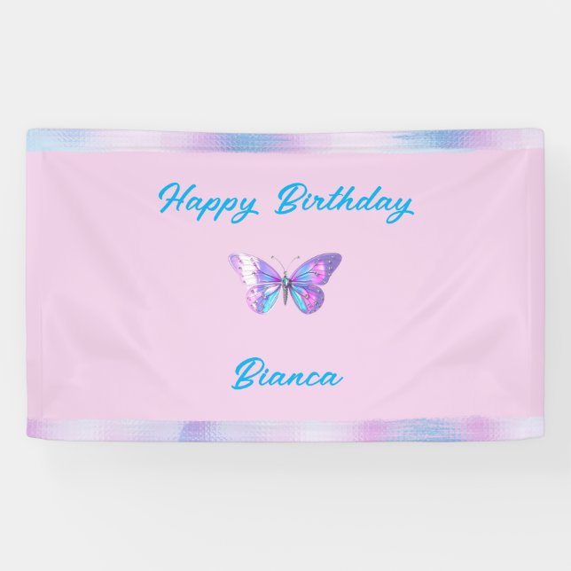 Personalized Holographic Butterfly Banner Pink (Horizontal)