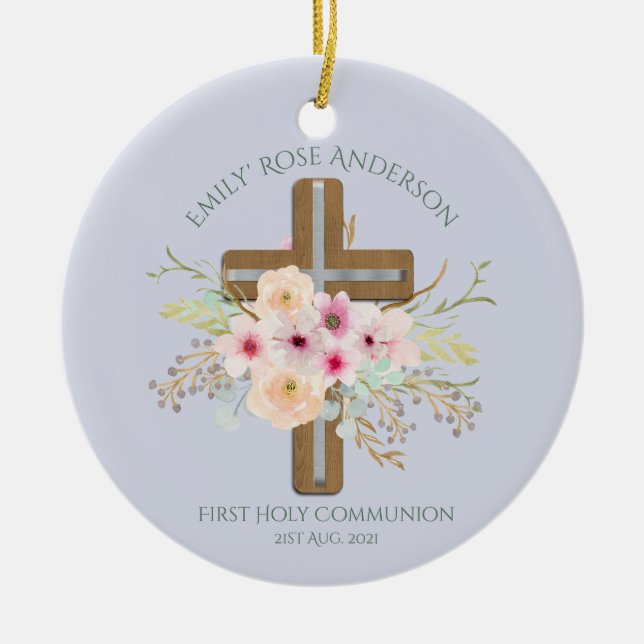 Personalized Holy Communion Floral Cross Ceramic Tree Decoration (Front)