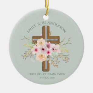 Personalized Holy Communion Floral Cross Ceramic Tree Decoration