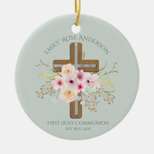 Personalized Holy Communion Floral Cross Ceramic Tree Decoration (Front)