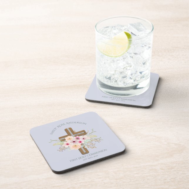 Personalized Holy Communion Floral Cross Coaster (Right Side)