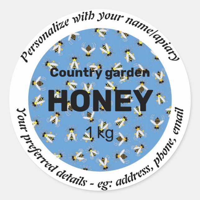 PERSONALIZED HONEY LABELS. HOBBY BEEKEEPER, APIARY CLASSIC ROUND STICKER (Front)