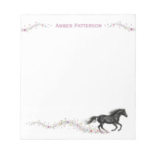 Personalized Horse Stationery Black Horse Flowers Notepad