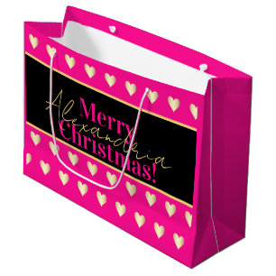 Personalized Hot Pink Black Gold Heart Christmas Large Gift Bag