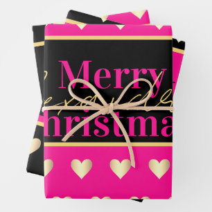 Personalized Hot Pink Black Gold Heart Christmas Wrapping Paper Sheet