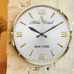 Personalized Hotel Name Luxury Gold Silver Large Clock