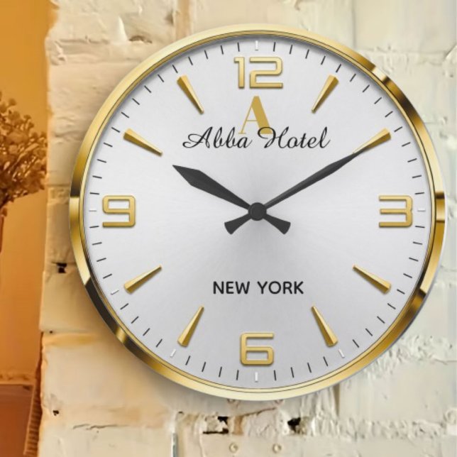 Personalized Hotel Name Luxury Gold Silver  Large Clock (Creator Uploaded)