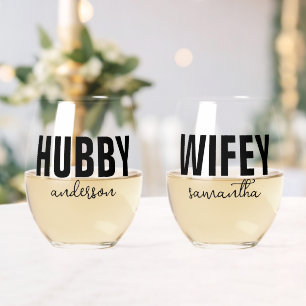 Personalized Hubby & Wifey Name Stemless Wine Glass