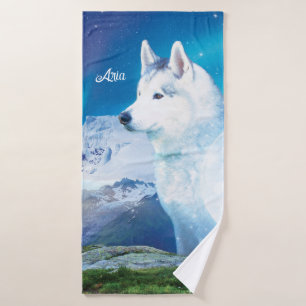 Personalized  Husky dog with mountains  Bath Towel