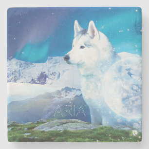 Personalized Husky dog with mountains Stone Coaster