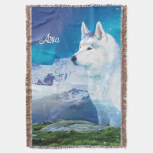 Personalized Husky dog with mountains Throw Blanket